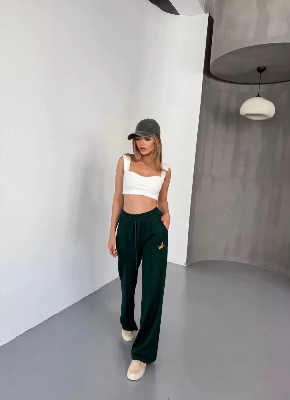 Osy Modal Yumuşak Dokulu Kumaş Nakış işlemeli Rahat Bol Paça Eşofman Pantalon - Yeşil