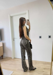 leopar desenli Düğmeli Bluzlu Pantolon İkili Takım -Leopar