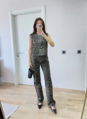 leopar desenli Düğmeli Bluzlu Pantolon İkili Takım -Leopar