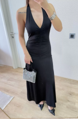 Sırt dekolteli Uzun Elbise - Siyah