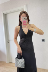 Sırt dekolteli Uzun Elbise - Siyah