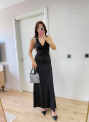 Sırt dekolteli Uzun Elbise - Siyah