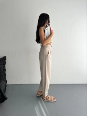 Kadın Yüksel Bel Beli Bağcıklı Rahat Boru Paça Pantalon - Kırık Beyaz