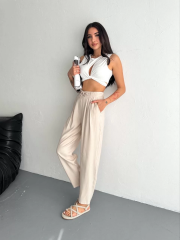 Kadın Yüksel Bel Beli Bağcıklı Rahat Boru Paça Pantalon - Kırık Beyaz