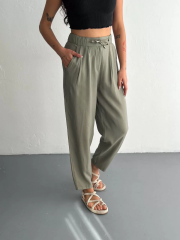 Kadın Yüksel Bel Beli Bağcıklı Cepli Rahat Paça Pantalon - Su Yeşili