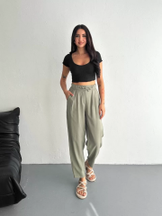 Kadın Yüksel Bel Beli Bağcıklı Cepli Rahat Paça Pantalon - Su Yeşili