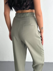 Kadın Yüksel Bel Beli Bağcıklı Cepli Rahat Paça Pantalon - Su Yeşili