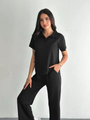 Osy Modal Yumuşak Dokulu Kumaş Kısa Kollu Yakalı T-shirt Pantalon ikili Takım- Siyah