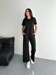 Osy Modal Yumuşak Dokulu Kumaş Kısa Kollu Yakalı T-shirt Pantalon ikili Takım- Siyah