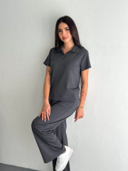 Osy Modal Yumuşak Dokulu Kumaş Kısa Kollu Yakalı T-shirt Pantalon ikili Takım- Antrasit