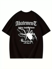 Örümcek Ağı Desenli Baskılı Oversize Bisiklet Yaka T-shirt - Siyah