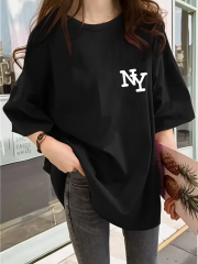 Kadın Eğlenceli Harf NY Baskılı Bisiklet Yaka Tişört - Rahat Polyester, Makinede Yıkanabilir - Yaz ve Fitness için Mükemmel, Yuvarlak Yaka - Siyah