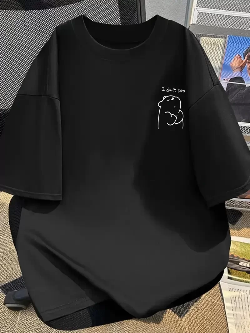 [Günlük T-Shirt] Hafif Kadın Günlük T-Shirt | Bol Kesim, Kısa Kollu, Yuvarlak Yaka, Eğlenceli Karikatür Ayı ve ''Umrumda Değil'' Baskı - Günlük Stil, İlkbahar/Yaz- Siyah