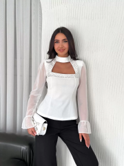 Penye Uzun Kollu Kadın Kolları Şifon Göğüste İnci Boncuk detaylı Bluz - Beyaz