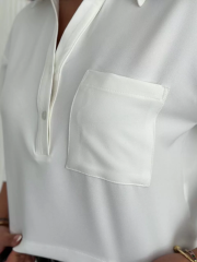 Z Krep Kadın Crop Yakalı Gömlek İlik Düğmeli Üç Çeyrek Sleeve Kol - Beyaz