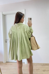 Poplin Kadın Yakalı Yandan Yırtmaçlı Arka Pens Detaylı Gömlek - Yeşil