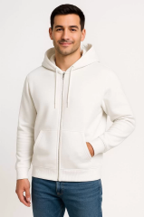 Erkek Üç İplik Kapüşonlu Tam Fermuarlı Kanguru Cepli SweatShirt Hoodie - Beyaz