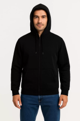 Erkek Üç İplik Kapüşonlu Tam Fermuarlı Kanguru Çepli SweatShirt Hoodie - Siyah