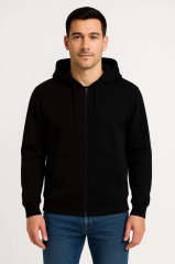 Erkek Üç İplik Kapüşonlu Tam Fermuarlı Kanguru Çepli SweatShirt Hoodie - Siyah