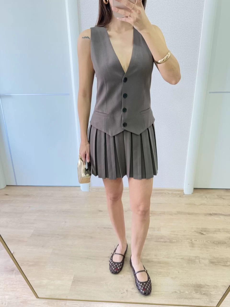 Keten Takım Görünümlü Düğme Detaylı Yelekli Mini Elbise - Füme