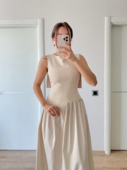 Krep Arkası Kanat Arka Ön Pens Detaylı Uzun Kadın Elbise - Bej