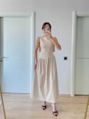 Krep Arkası Kanat Arka Ön Pens Detaylı Uzun Kadın Elbise - Bej