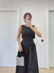 Krep Arkası Kanat Arka Ön Pens Detaylı Uzun Kadın Elbise - Siyah