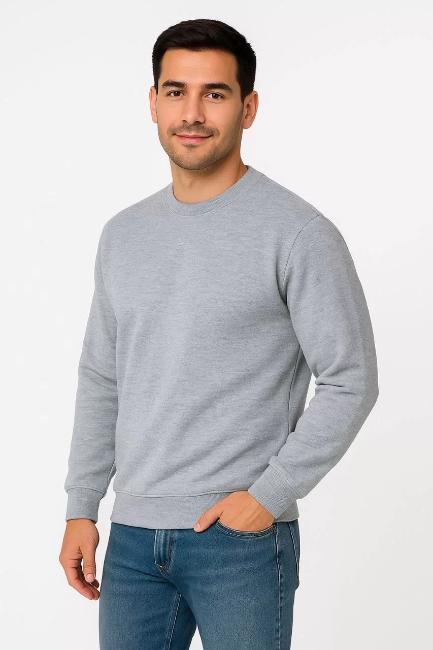 Erkek Üç İplik Düz Bisiklet Yaka SweatShirt - Gri