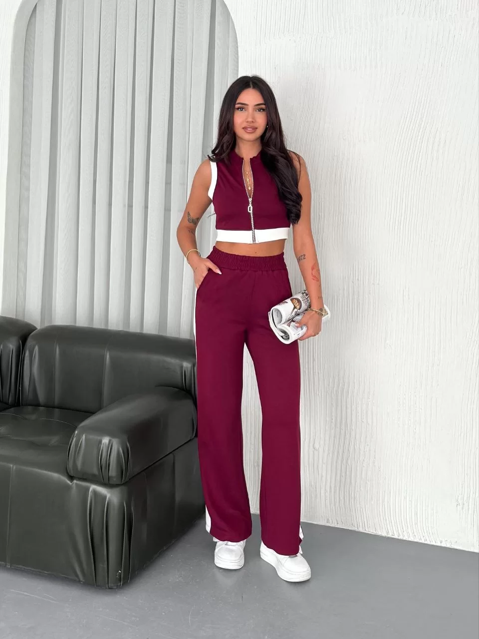 Osy Modal Yumuşak Dokulu Kumaş Tam Fermuarlı Crop Pantalon İkili Takım - Bordo