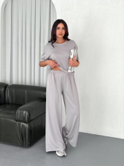 Osy Modal Yumuşak Dokulu Kumaş Bisiklet Yaka T-shirt Bol paça Pantalon ikili Takım - Boyalı Gri