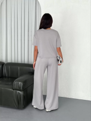 Osy Modal Yumuşak Dokulu Kumaş Bisiklet Yaka T-shirt Bol paça Pantalon ikili Takım - Boyalı Gri