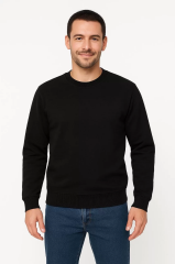 Erkek Üç İplik Düz Bisiklet Yaka SweatShirt - Siyah