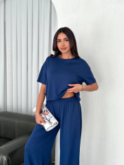 Osy Modal Yumuşak Dokulu Kumaş Bisiklet Yaka T-shirt Bol paça Pantalon ikili Takım -Saks Mavi