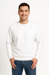 Erkek Üç İplik Düz Bisiklet Yaka SweatShirt - Beyaz