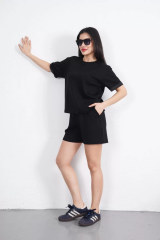 Osy Modal yumuşak dokulu Kumaş Kadın Bisiklet Yaka T-shirt Kısa Şort İkili Takım - Siyah
