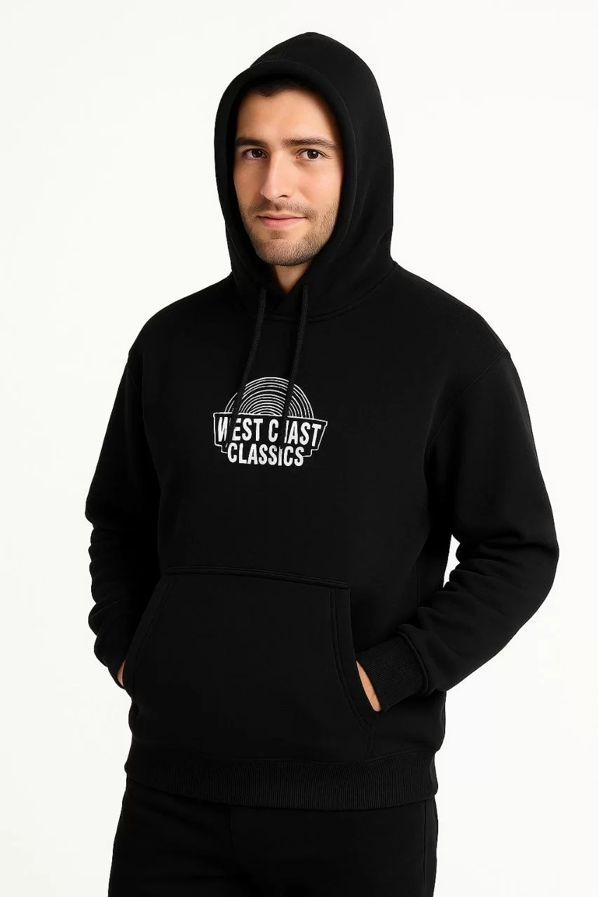 Erkek Kapşonlu Sweatshirt – Oversize Üç İplik Şardonlu Hoodie, “West Coast Classics” Ön & Arka Baskılı, Kanguru Cepli Kışlık Günlük Stil - Siyah