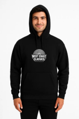Erkek Kapşonlu Sweatshirt – Oversize Üç İplik Şardonlu Hoodie, “West Coast Classics” Ön & Arka Baskılı, Kanguru Cepli Kışlık Günlük Stil - Siyah