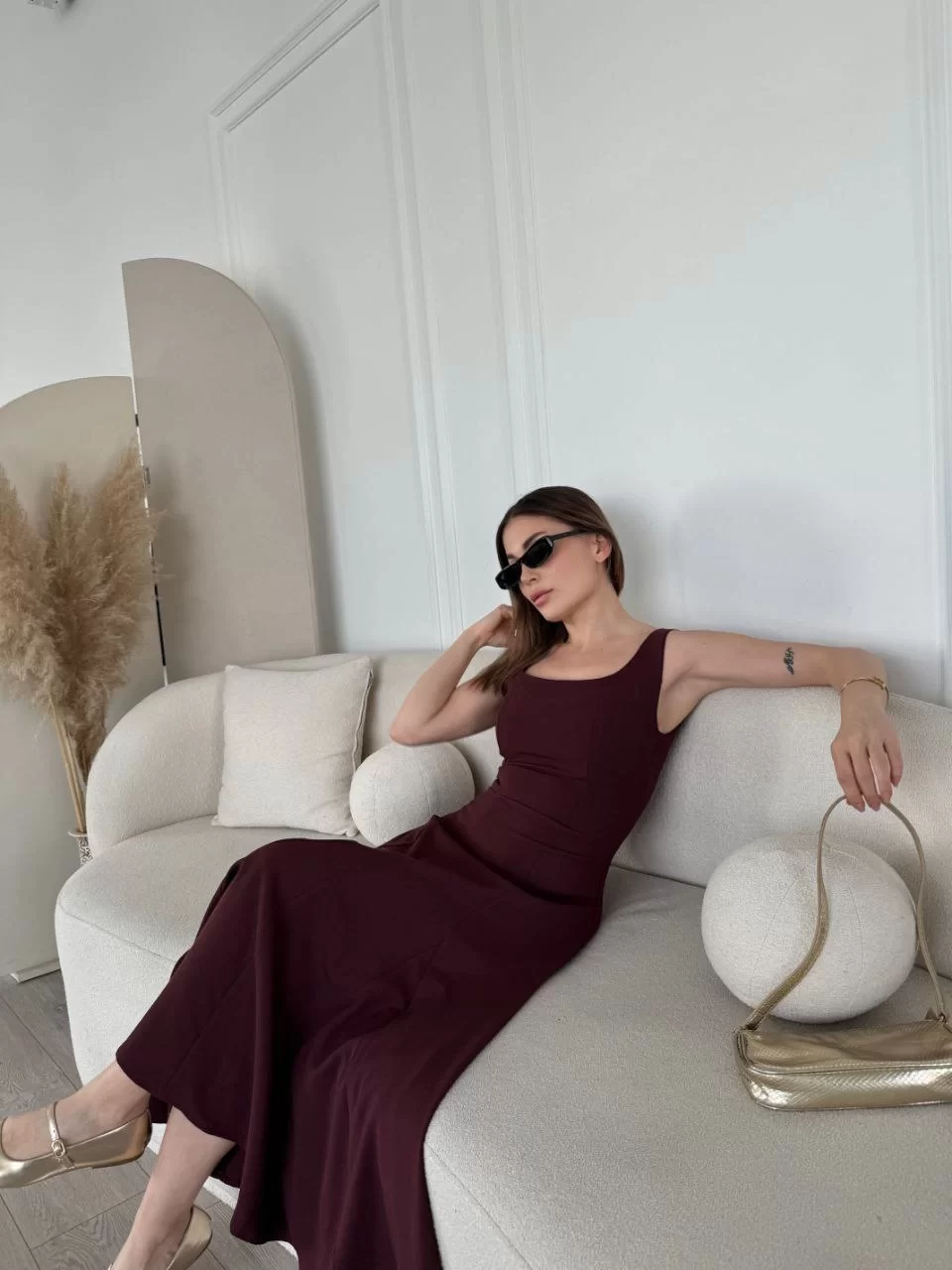 Sırt Dekolteli Kolsuz Uzun Elbise - Mürdüm