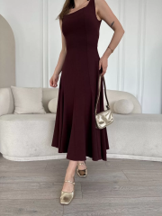 Sırt Dekolteli Kolsuz Uzun Elbise - Mürdüm