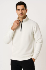 Erkek Dik Yaka Sweatshirt Dik Yaka Yarım Fermuarlı 3 İplik Şardonlu Pamuk Kumaş - Beyaz