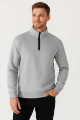 Erkek Dik Yaka Sweatshirt Dik Yaka Yarım Fermuarlı 3 İplik Şardonlu Pamuk Kumaş - Gri