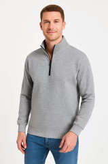 Erkek Dik Yaka Sweatshirt Dik Yaka Yarım Fermuarlı 3 İplik Şardonlu Pamuk Kumaş - Gri