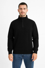 Erkek Dik Yaka Sweatshirt Dik Yaka Yarım Fermuarlı 3 İplik Şardonlu Pamuk Kumaş - Siyah