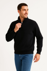 Erkek Dik Yaka Sweatshirt Dik Yaka Yarım Fermuarlı 3 İplik Şardonlu Pamuk Kumaş - Siyah