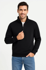 Erkek Dik Yaka Sweatshirt Dik Yaka Yarım Fermuarlı 3 İplik Şardonlu Pamuk Kumaş - Siyah