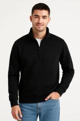 Erkek Dik Yaka Sweatshirt Dik Yaka Yarım Fermuarlı 3 İplik Şardonlu Pamuk Kumaş - Siyah