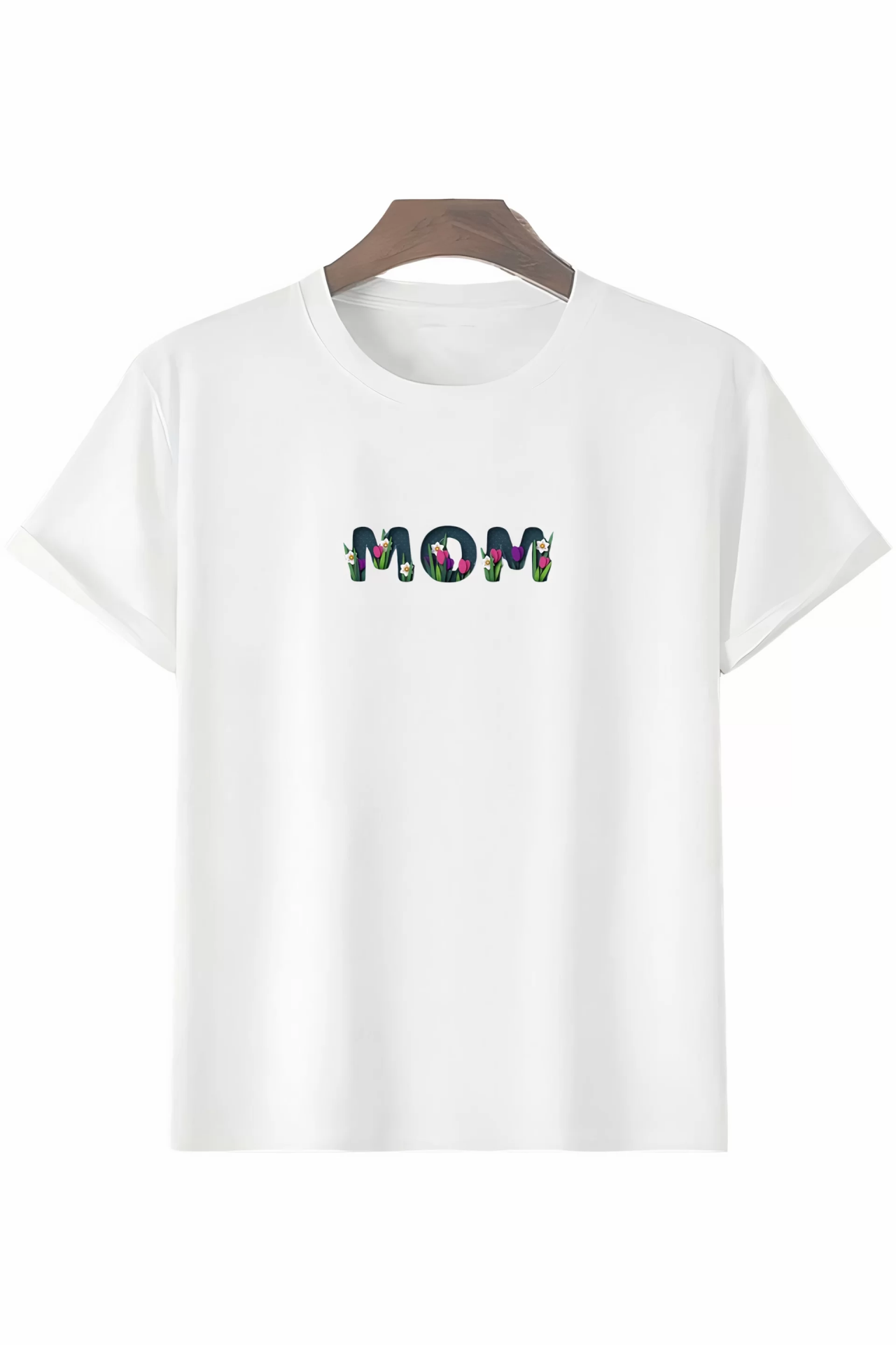 Anneler Gününe Özel Tasarım mom Çiçek Baskılı T-shirt - Beyaz