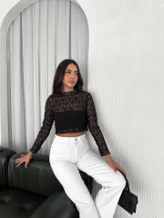 Kadın Dantel Uzun Kol Bluz- Siyah