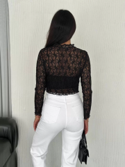 Kadın Dantel Uzun Kol Bluz- Siyah