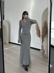 V Yaka Fitilli Uzun Elbise- Gri